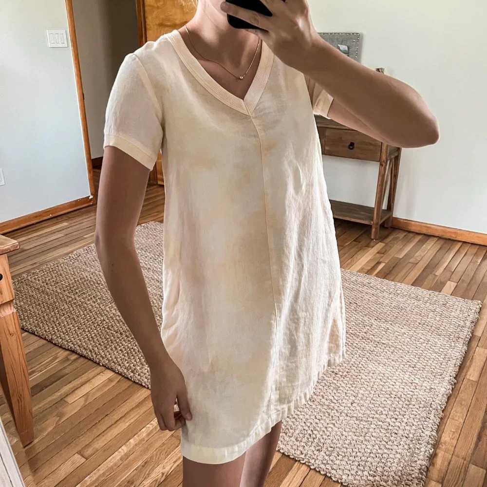 Wilt 100% Linen Lightweight Tie Dye V Neck Short Sleeve Summer Mini Dress XS